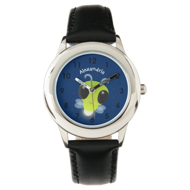 Cute green glow bug firefly cartoon illustration watch (Front)
