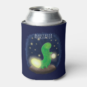 Cute green glow worm cartoon illustration can cooler
