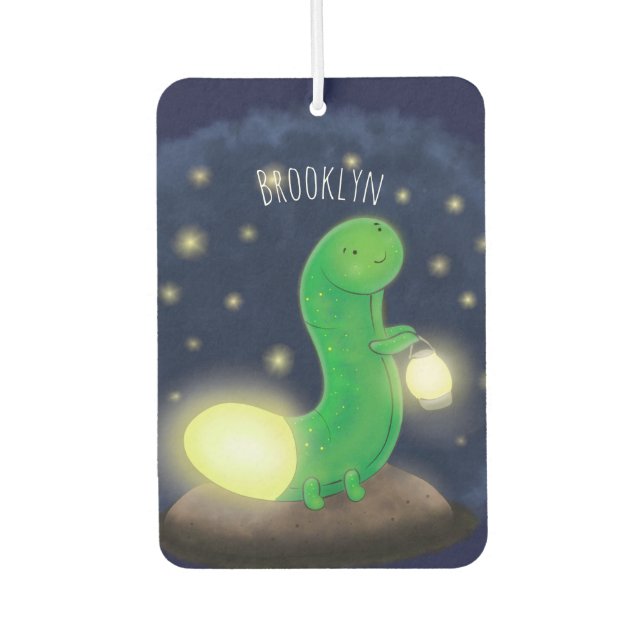 Cute green glow worm cartoon illustration car air freshener (Front)
