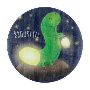 Cute green glow worm cartoon illustration cutting board