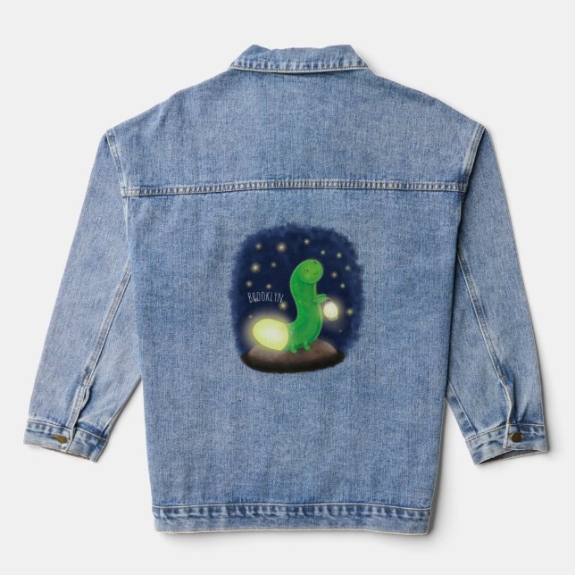 Cute green glow worm cartoon illustration denim jacket (Back)