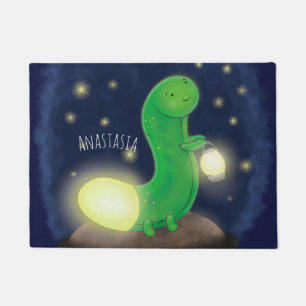 Cute green glow worm cartoon illustration doormat