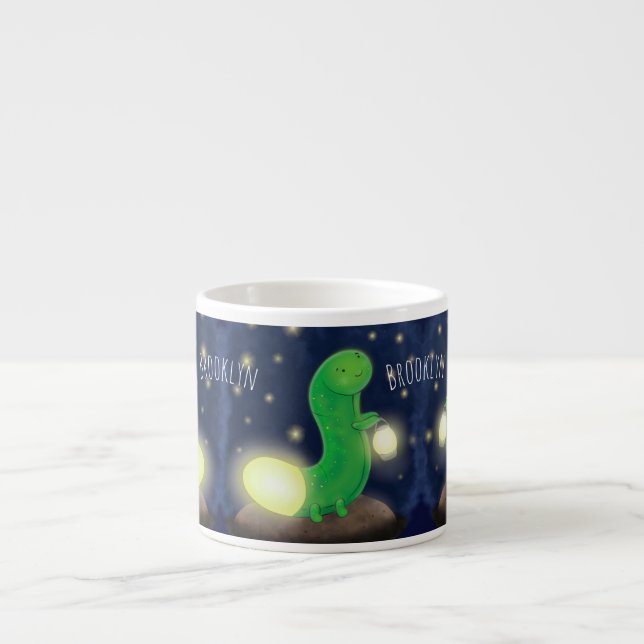 Cute green glow worm cartoon illustration espresso cup (Front)