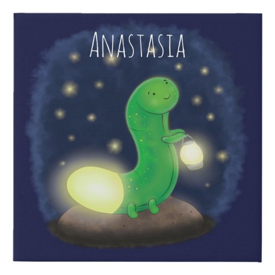 Cute green glow worm cartoon illustration faux canvas print | Zazzle.co.uk