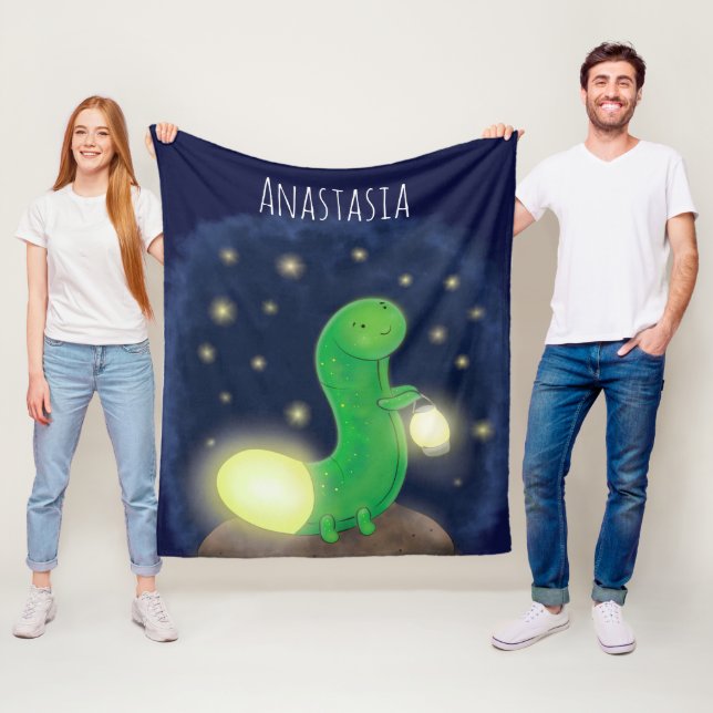 Cute green glow worm cartoon illustration fleece blanket (In Situ)