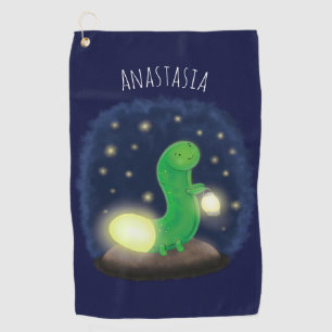 Cute green glow worm cartoon illustration golf towel