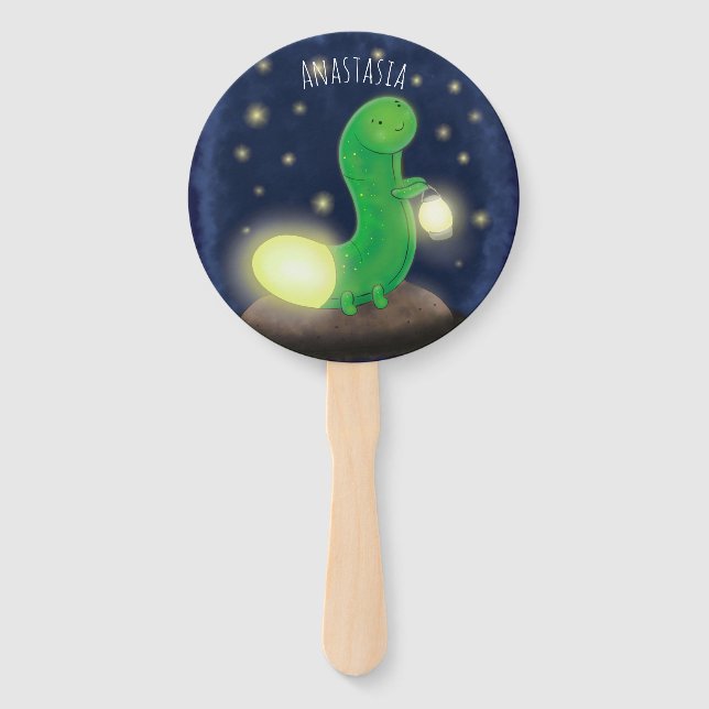 Cute green glow worm cartoon illustration hand fan (Front)