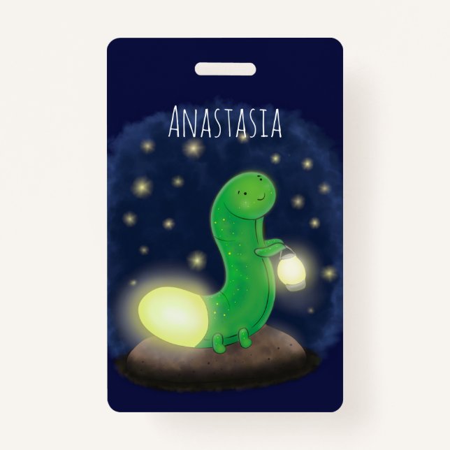 Cute green glow worm cartoon illustration ID badge (Front)