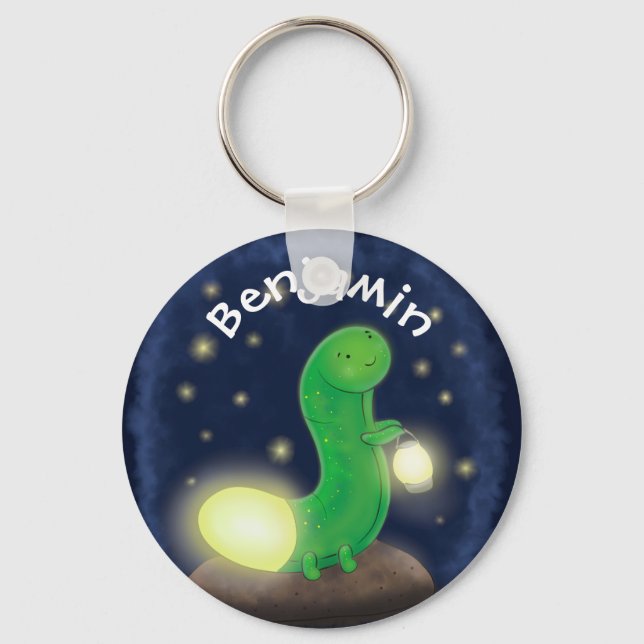 Cute green glow worm cartoon illustration key ring (Front)