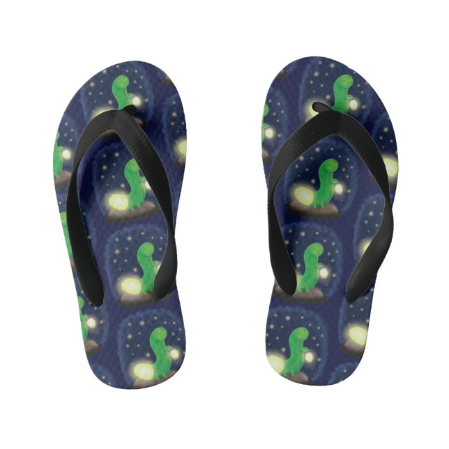 Cute green glow worm cartoon illustration kid's flip flops (Footbed)
