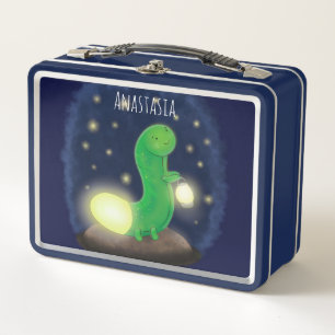 Cute green glow worm cartoon illustration metal lunch box