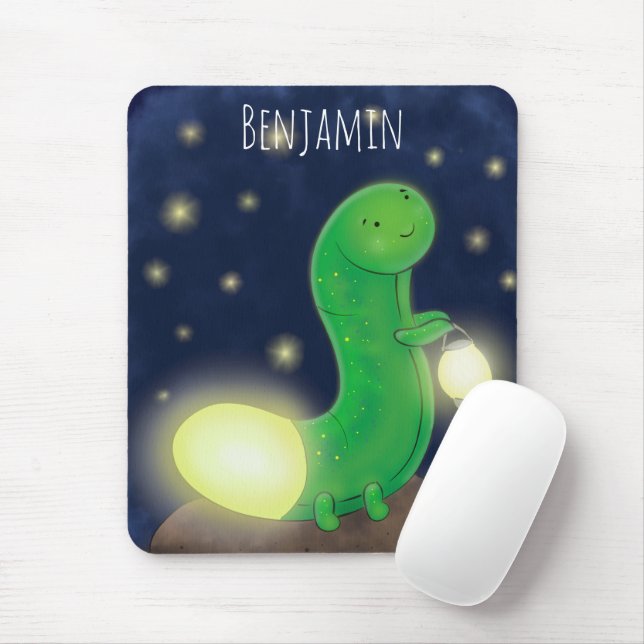 Cute green glow worm cartoon illustration mouse mat (With Mouse)