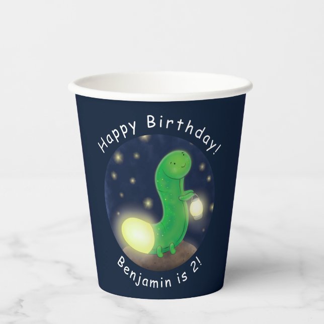 Cute green glow worm cartoon illustration paper cups (Front)