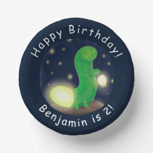 Cute green glow worm cartoon illustration paper plate