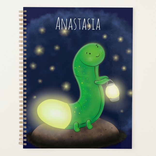 Cute green glow worm cartoon illustration planner (Front)