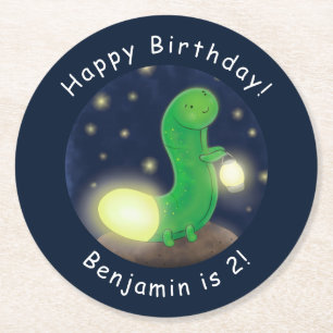 Cute green glow worm cartoon illustration round paper coaster
