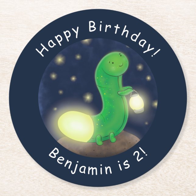 Cute green glow worm cartoon illustration round paper coaster (Front)