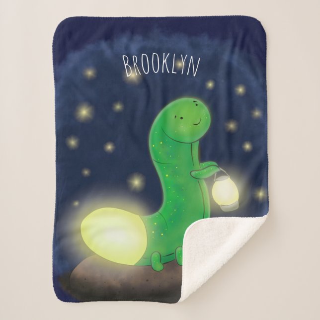 Cute green glow worm cartoon illustration sherpa blanket (Front)