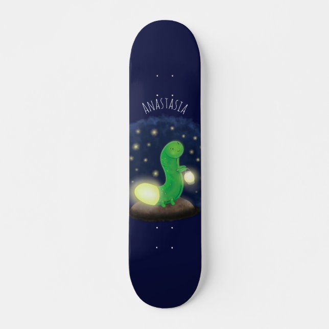 Cute green glow worm cartoon illustration skateboard (Front)