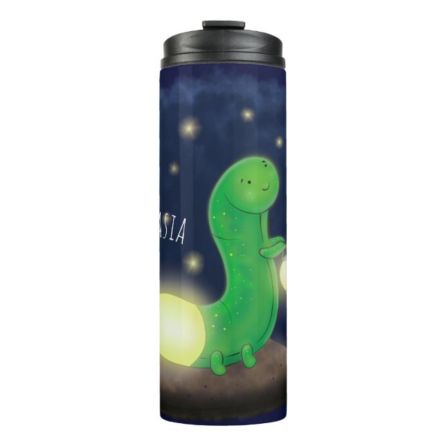 Cute green glow worm cartoon illustration thermal tumbler (Front)