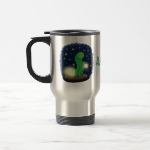 Cute green glow worm cartoon illustration travel mug