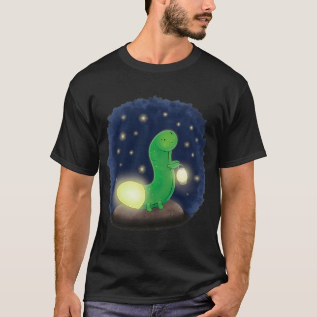 Cute Green Glow Worm With Lantern Cartoon T-Shirt (Front)