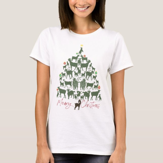 Cute Green Goat Christmas Tree T-Shirt (Front)