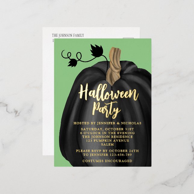 Cute Green Gold Pumpkin Halloween Party Foil Invitation Postcard (Front/Back)