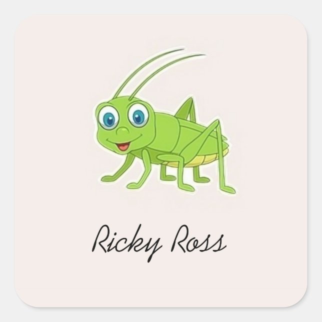 Cute green grasshopper purple square sticker (Front)