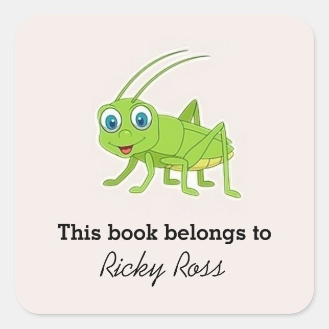 Cute green grasshopper purple square sticker (Front)