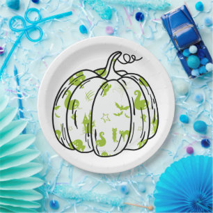 Cute Green Halloween Icons in Pumpkin Paper Plate