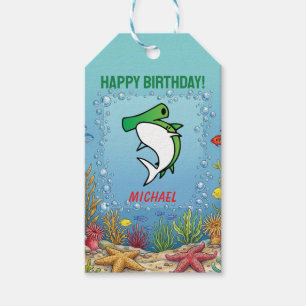 Cute Green Hammerhead Shark Birthday Favour Gift Tags