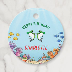 Cute Green Hammerhead Shark Kids Birthday Favour Tags