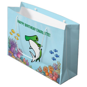 Cute Green Hammerhead Shark Kids Birthday Large Gift Bag