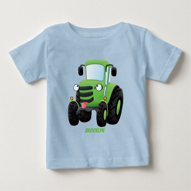 Cute green happy farm tractor cartoon illustration baby T-Shirt (Front)