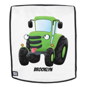 Cute green happy farm tractor cartoon illustration backpack