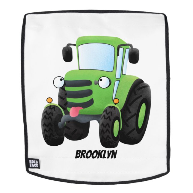 Cute green happy farm tractor cartoon illustration backpack (Removable Face)