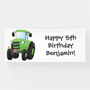 Cute green happy farm tractor cartoon illustration banner