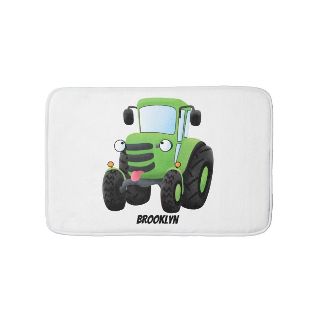 Cute green happy farm tractor cartoon illustration bath mat (Front)