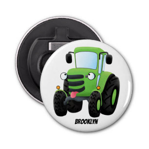 Cute green happy farm tractor cartoon illustration bottle opener