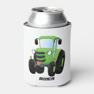 Cute green happy farm tractor cartoon illustration can cooler