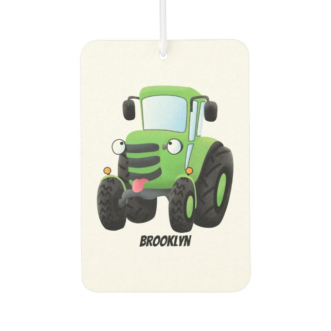 Cute green happy farm tractor cartoon illustration car air freshener (Front)