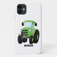 Cute green happy farm tractor cartoon illustration