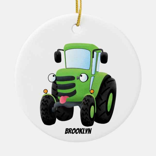 Cute green happy farm tractor cartoon illustration ceramic tree decoration (Front)