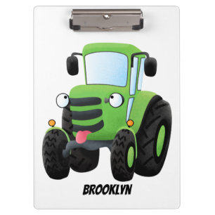 Cute green happy farm tractor cartoon illustration clipboard