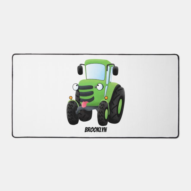 Cute green happy farm tractor cartoon illustration desk mat (Front)