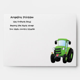 Cute green happy farm tractor cartoon illustration envelope