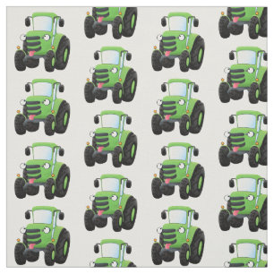 Cute green happy farm tractor cartoon illustration fabric
