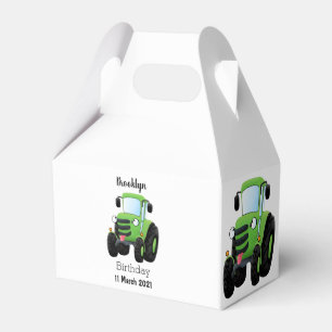 Cute green happy farm tractor cartoon illustration favour box