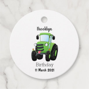 Cute green happy farm tractor cartoon illustration favour tags